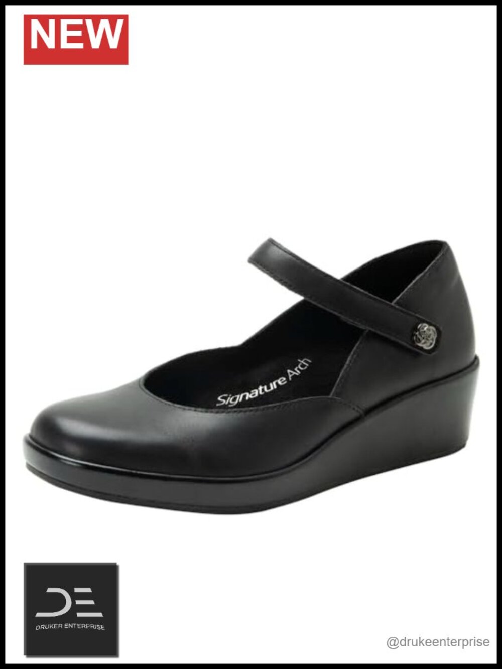 Leather Mary Jane Wedge Pump Adjustable Strap Arch Support Slip Resistant